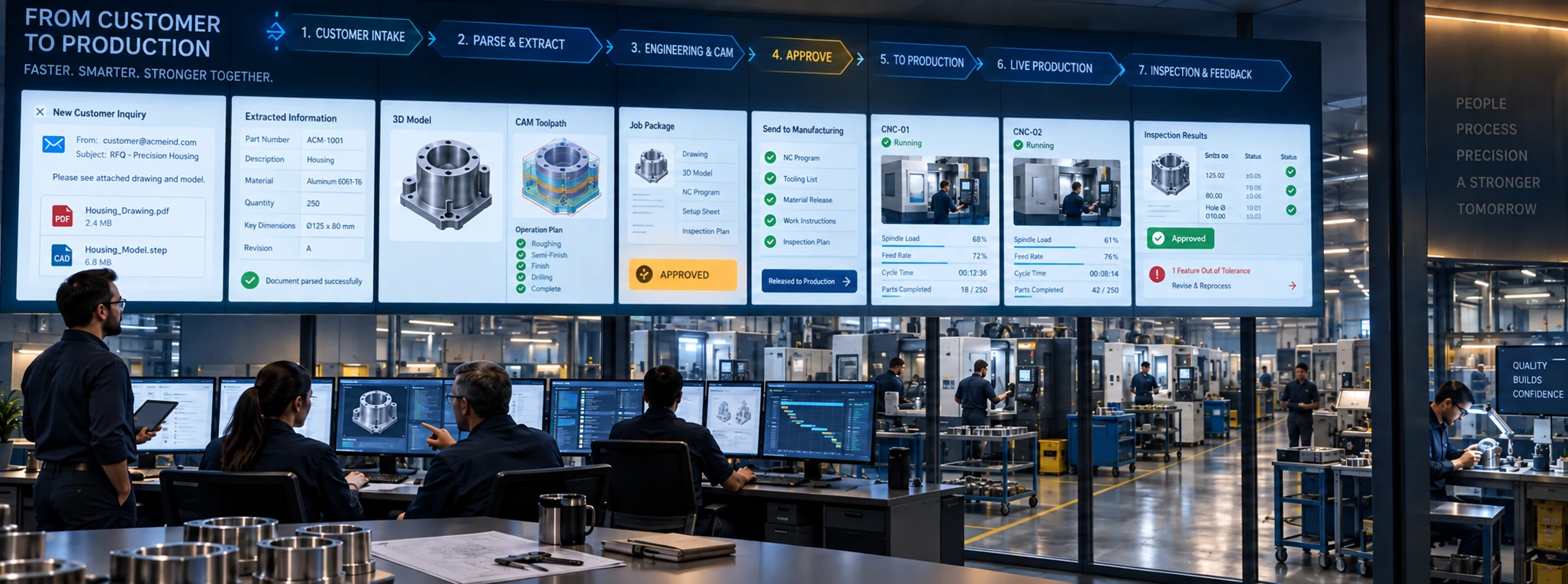 Shop manager and engineering team monitoring large screens that show customer intake, document parsing, CAD and CAM programming, production release, live CNC machining and inspection