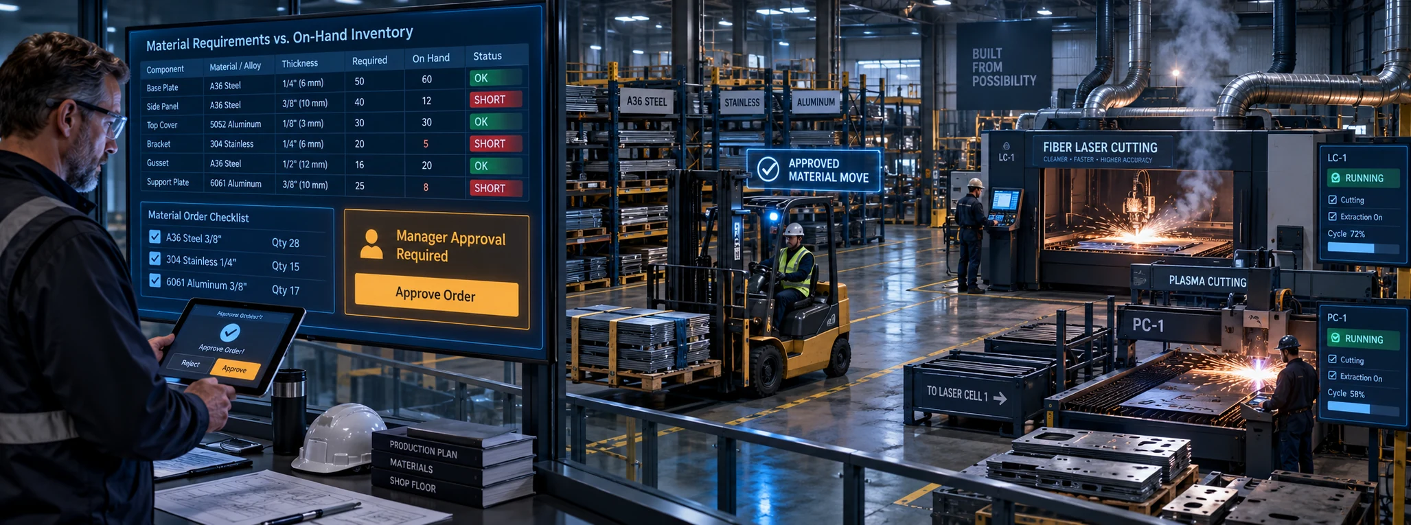 Manager reviewing component material requirements against inventory before approving an order while a forklift supplies active supervised laser and plasma cutting cells